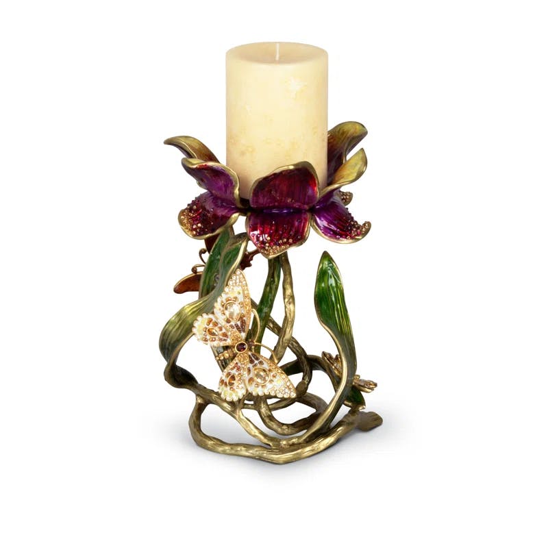 Elegant 9" Brass & Pewter Pillar Candle Holder with Swarovski Crystals