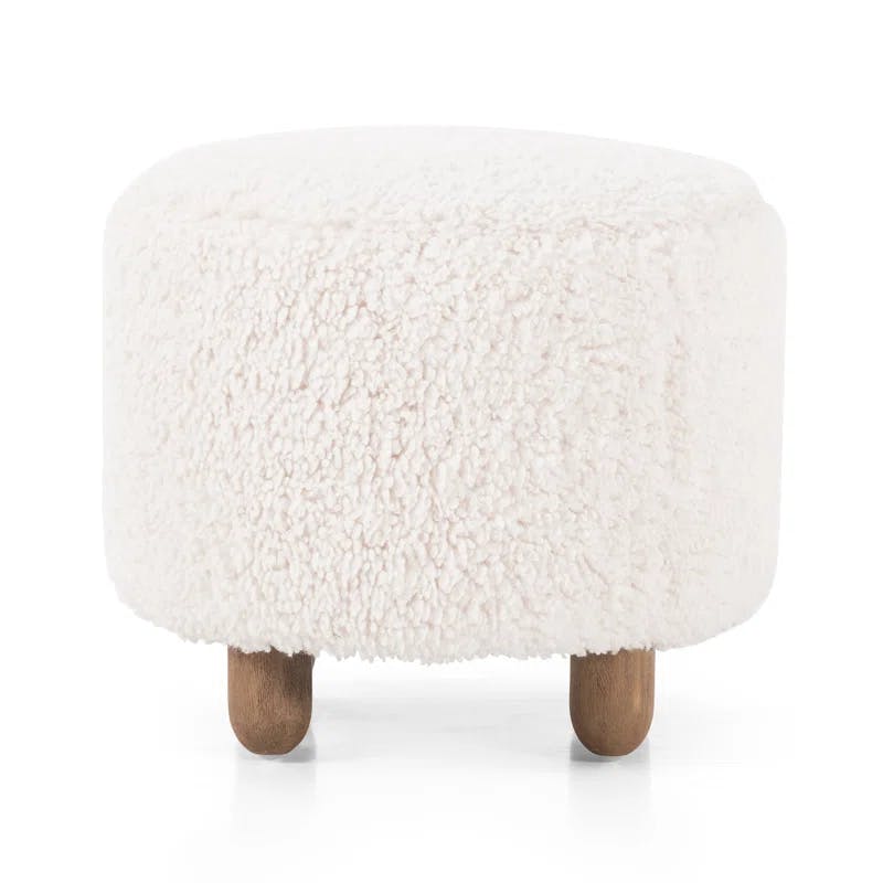 Aniston 22.5'' Ivory Sheepskin Round Ottoman with Wire-Brushed Legs