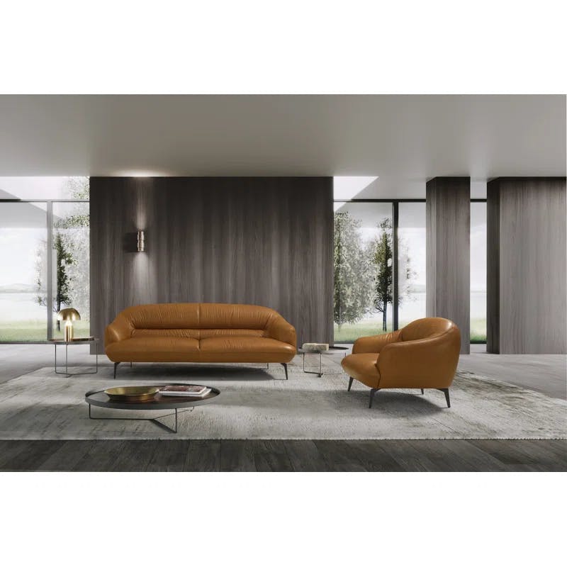 Cognac Leather Sloped Armrests 88'' Sofa with Metal Legs