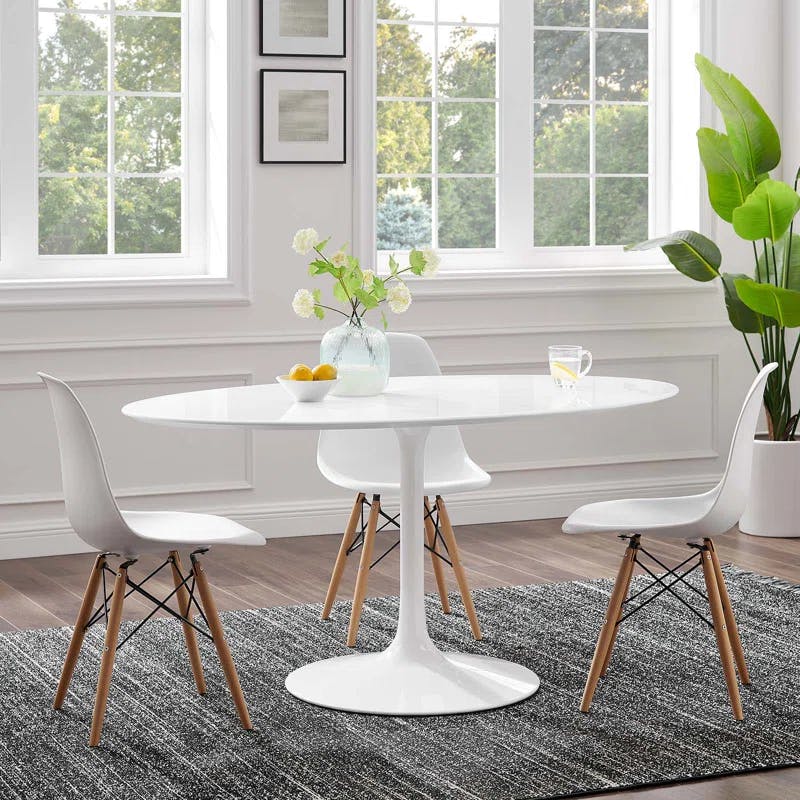 Modern 60" Oval White Wood Dining Table with Sleek Metal Base