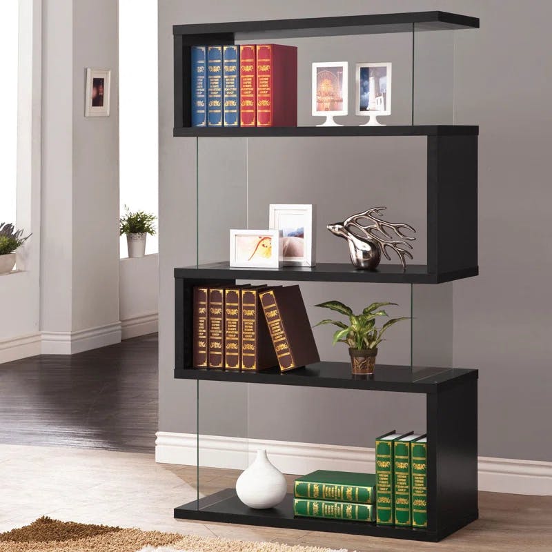 Contemporary Zigzag 63" Black Bookshelf with Glass Supports