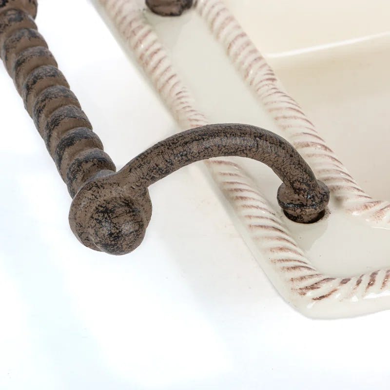 Provincial Cream Ceramic Tray with Braided Metal Handles