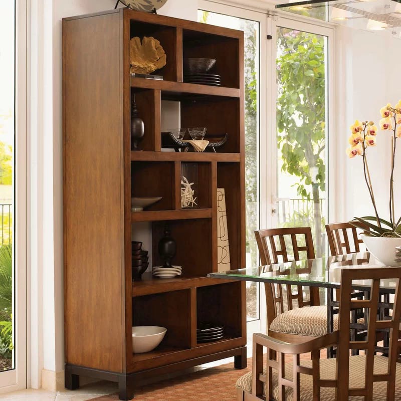 Transitional Sundrenched Sienna Wood Etagere with Open Back Design