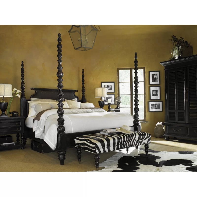 Transitional Black California King Canopy Bed with Tufted Upholstery