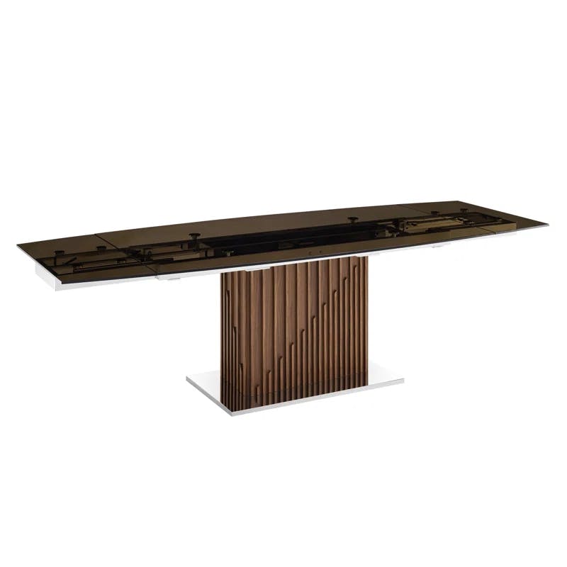 Walnut & Silver Extendable Rectangular Dining Table with Glass Top