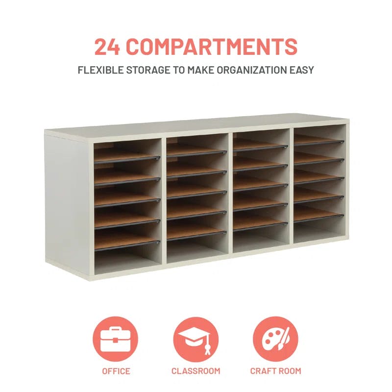 Modular 24-Compartment Gray Literature Sorter with Adjustable Shelves