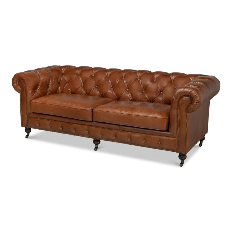 Traditional Tufted Brown Leather Chesterfield Sofa with Nailhead Details