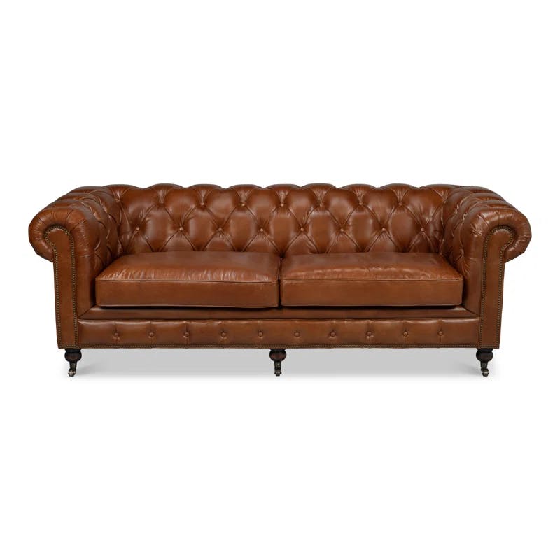 Traditional Tufted Brown Leather Chesterfield Sofa with Nailhead Details