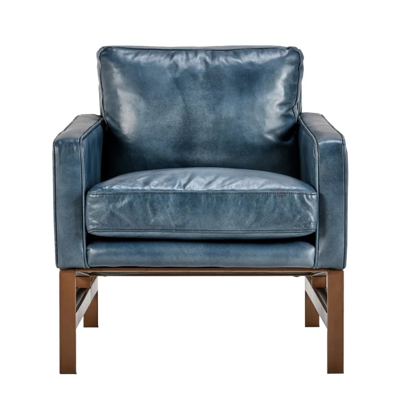 Transitional Blue Leather Club Accent Chair with Brass Metal Frame
