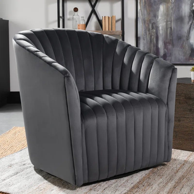 Handcrafted Gray Polyester Swivel Barrel Chair with Solid Wood Frame