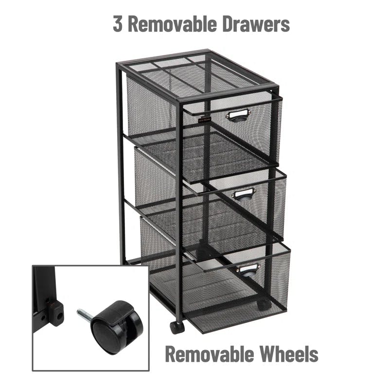 Minimalist Black Metal-Mesh 3-Drawer Mobile Storage Trolley