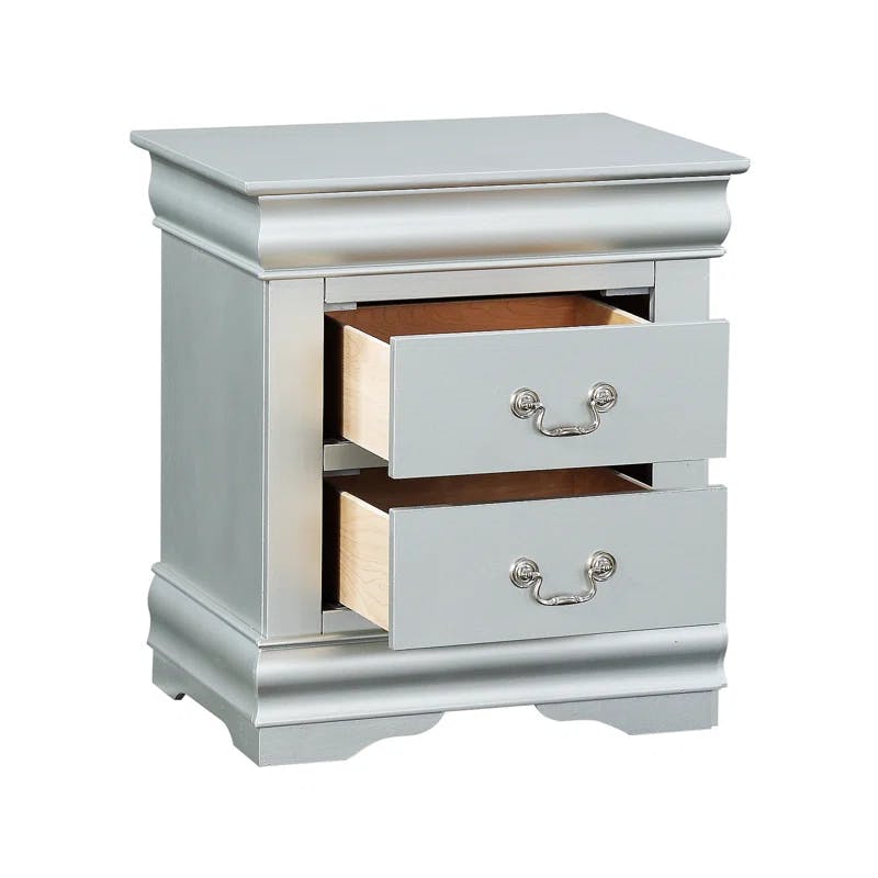 Elegant Silver Wooden Nightstand with Bracket Base and 2 Drawers
