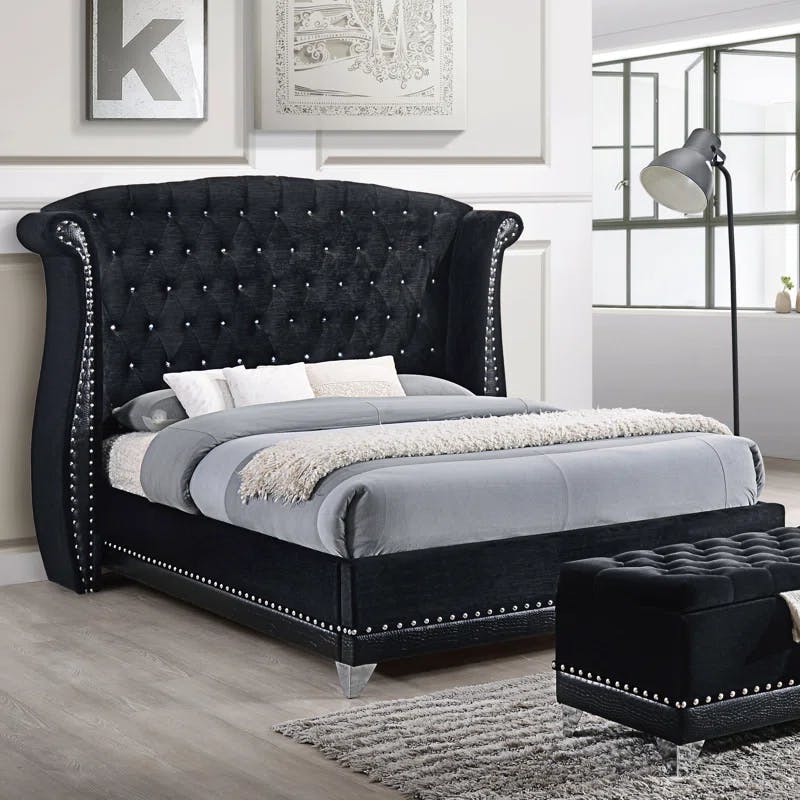 Transitional Queen Platform Bed with Tufted Faux Leather Headboard