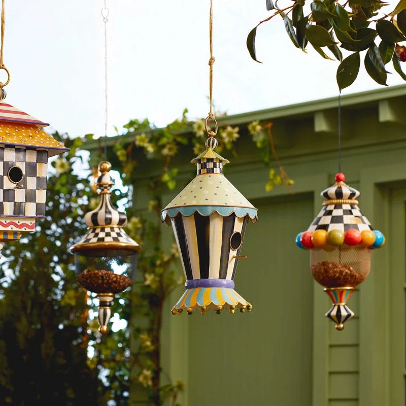 Courtly Stripe Hand-Painted Metal Birdhouse with Scalloped Roof