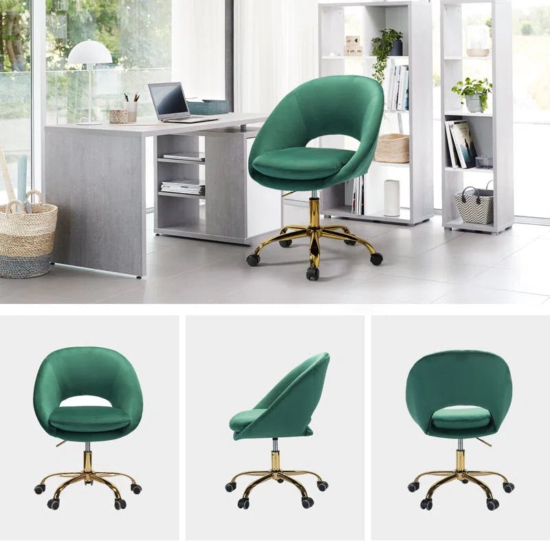 Ergonomic Green Velvet Swivel Task Chair with Metal Base