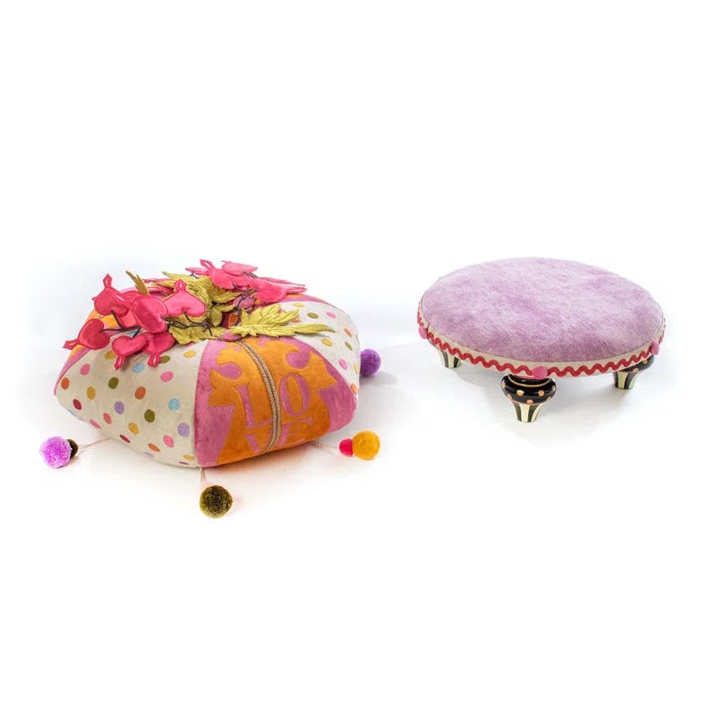 Velvet and Silk Tufted Round Footstool with Black Wood Legs