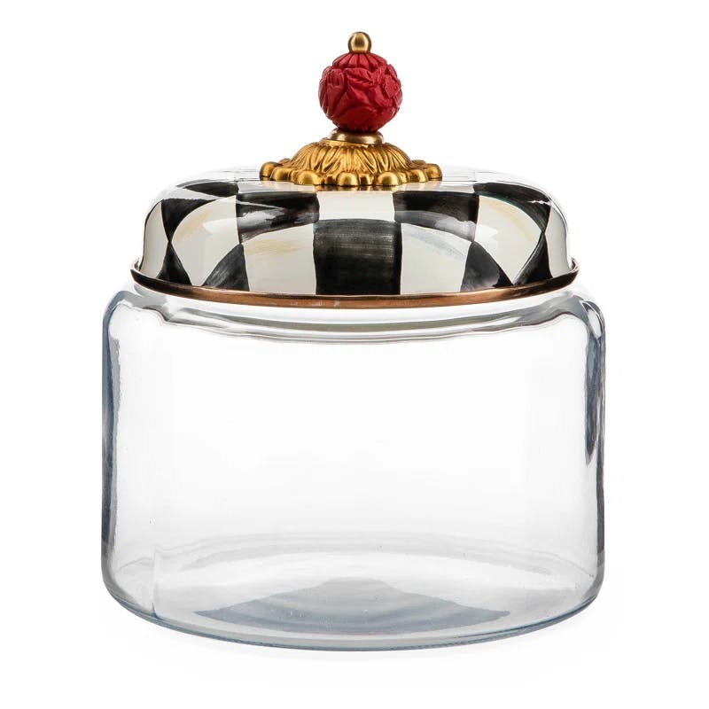 Elegant Courtly Check 7" Black Glass Kitchen Canister with Faux-Cinnabar Knob