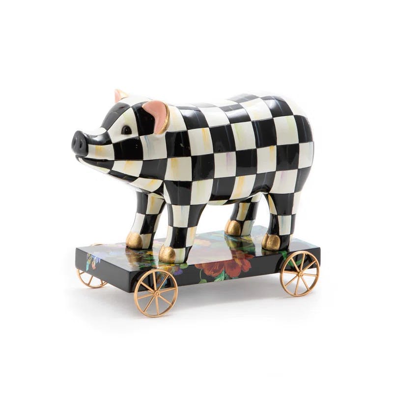 Courtly Check Hand-Painted Pig Decor with Gilded Accents