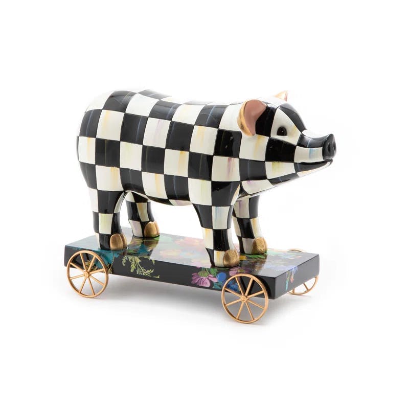 Courtly Check Hand-Painted Pig Decor with Gilded Accents
