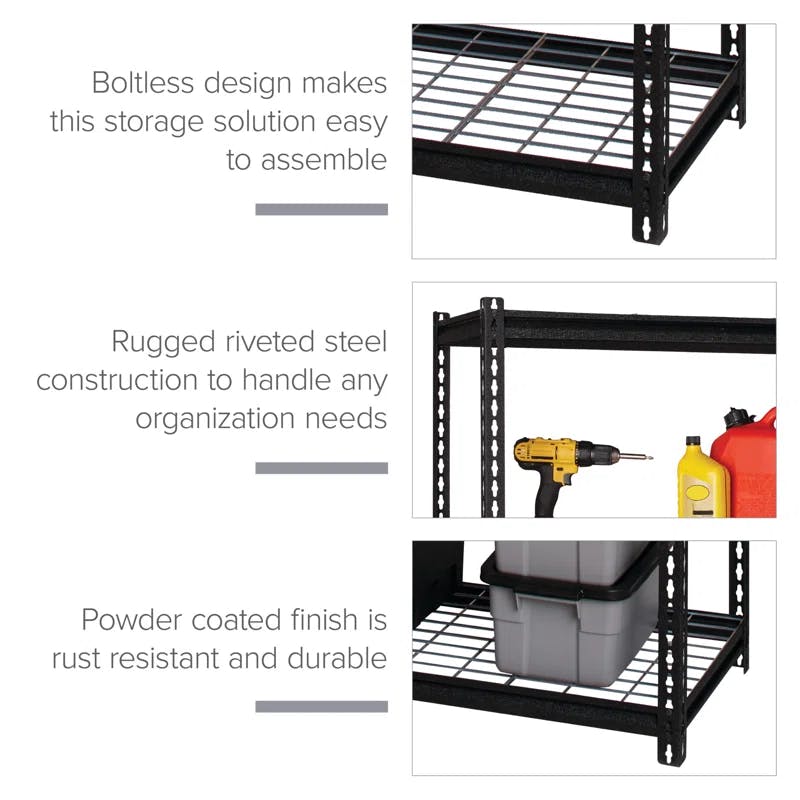 Riveted Steel 5-Shelf Adjustable Wire Deck Shelving, 72"H x 36"W x 18"D, Black