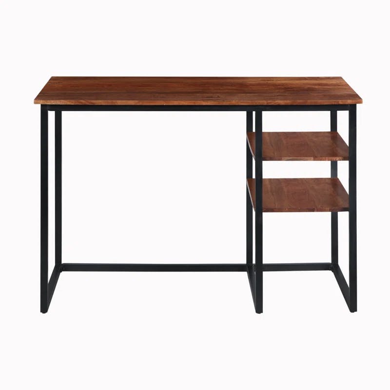 Minimalist Acacia Wood and Black Metal Desk with Side Shelves