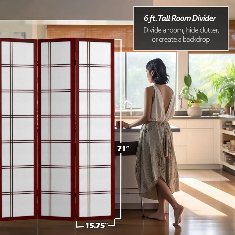 Spruce Wood and Fabric 6-Panel Folding Room Divider in Rosewood