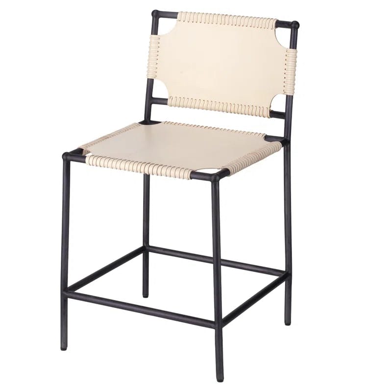 Off-White Leather and Black Metal 24" Counter Stool