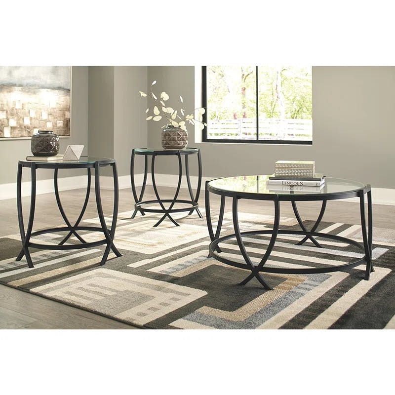 ArcX Contemporary Black Round Coffee Table Set with Tempered Glass