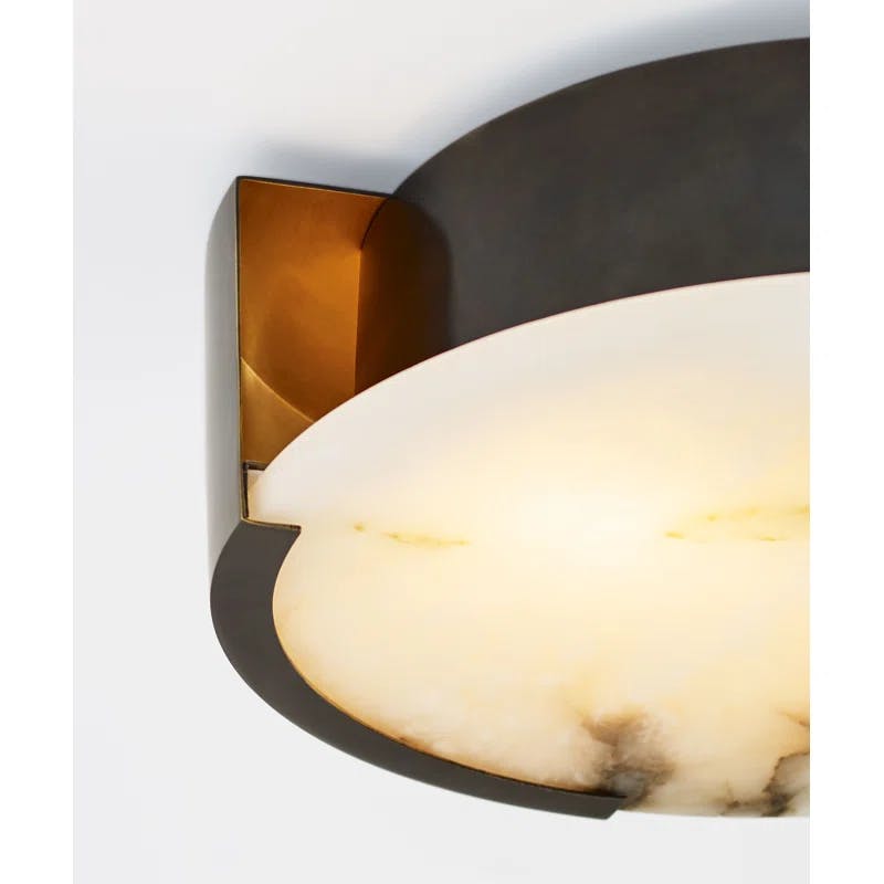 Elegant Alabaster and Bronze 14" Drum Flush Mount Ceiling Light