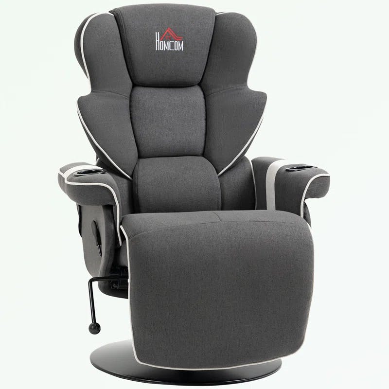 Luxurious 43.75" Black Faux Leather Swivel Recliner with Cup Holders