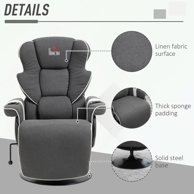 Luxurious 43.75" Black Faux Leather Swivel Recliner with Cup Holders
