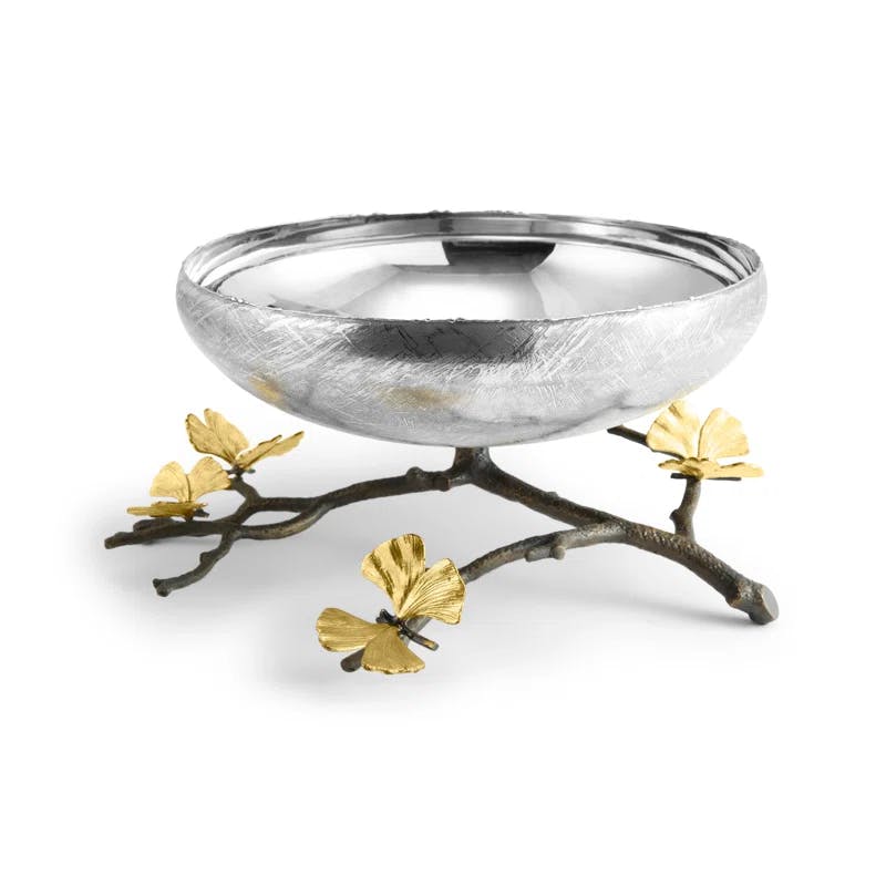 Butterfly Ginkgo Silver and Gold Embellished Fruit Bowl with Stand