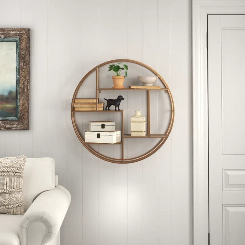 Elegant 32" Bronze Iron and Wood Round Wall Shelf for Living Spaces