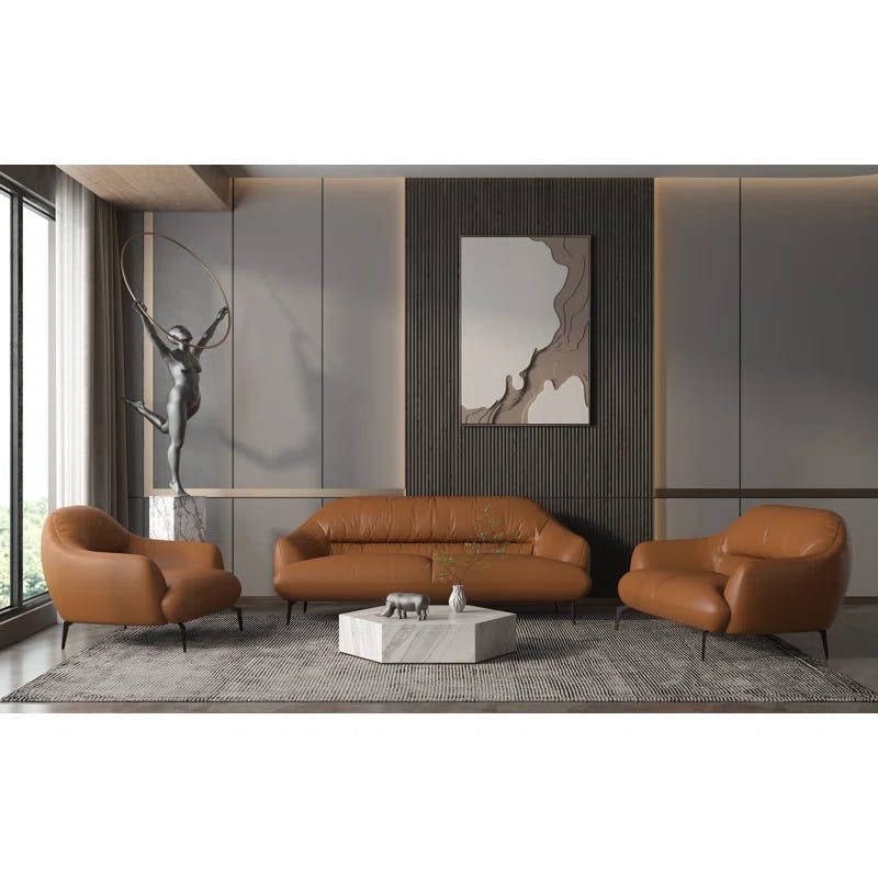 Cognac Leather Sloped Armrests 88'' Sofa with Metal Legs