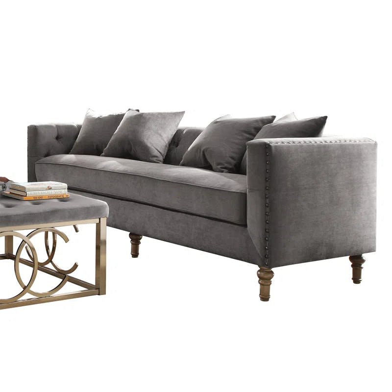 Sidonia 85'' Tufted Gray Velvet Reclining Sofa with Cup Holder