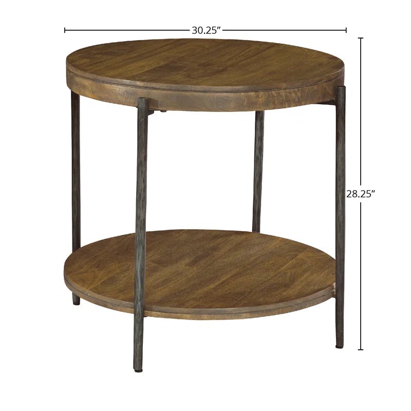 Transitional Brown Wood and Metal Round Side Table with Storage