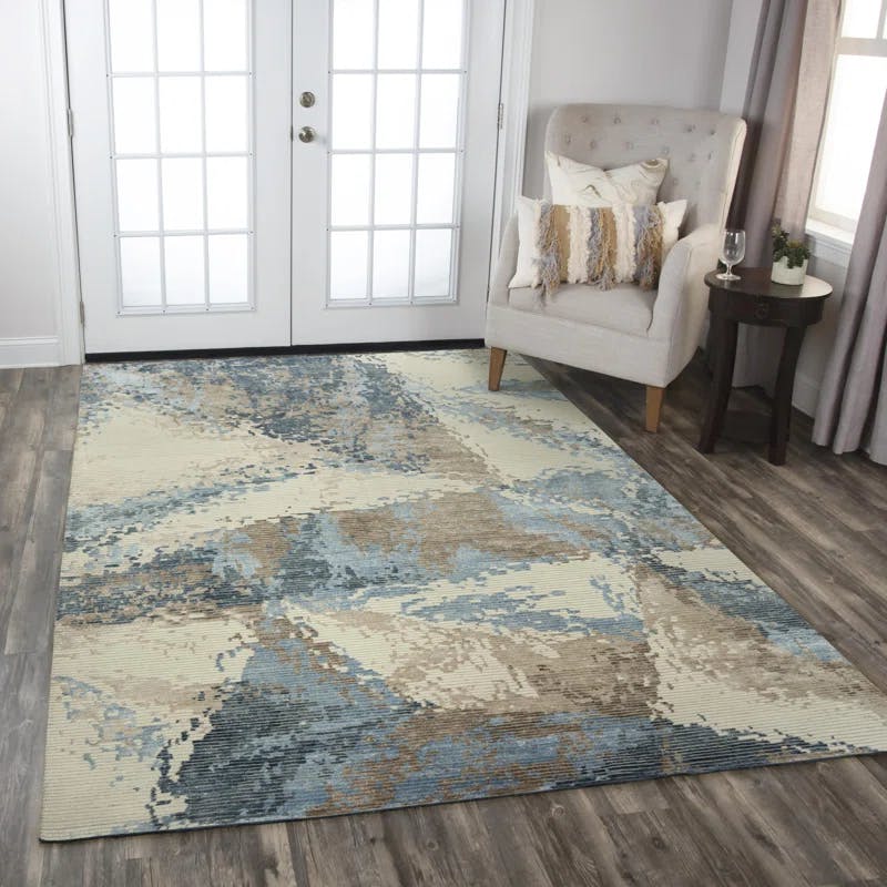 Blue Abstract Hand-Knotted Wool & Viscose 6' x 9' Rug