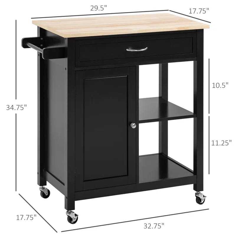 Elegant Black Solid Wood Butcher Block Kitchen Cart with Storage