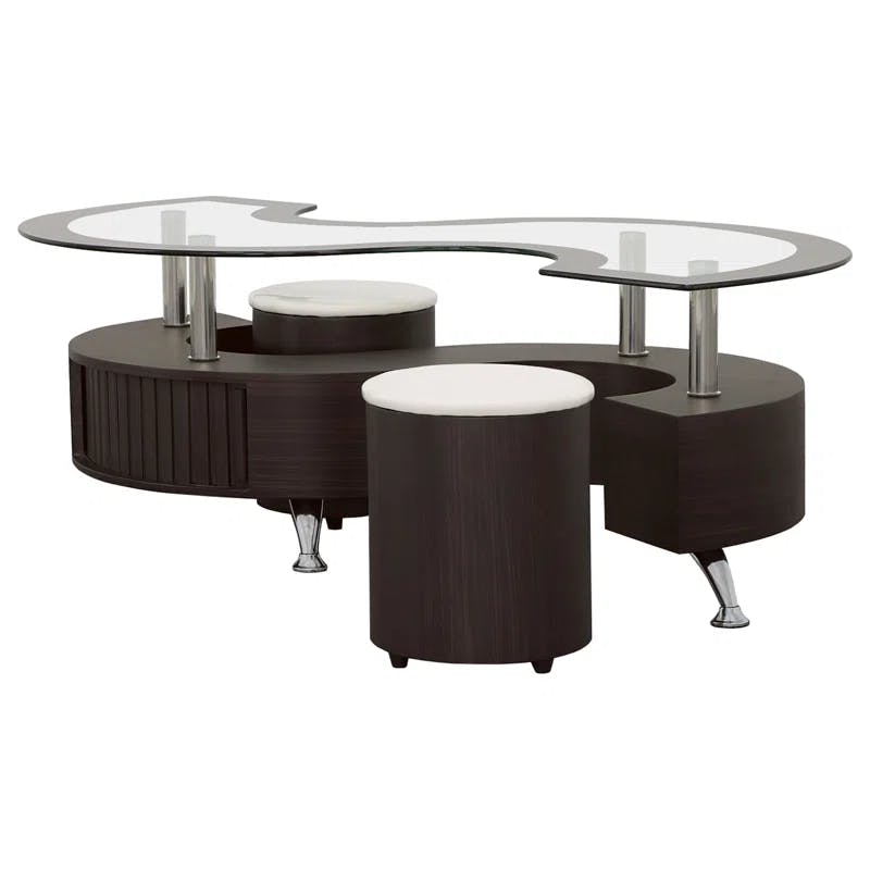 Serpentine Cappuccino Coffee Table with Chrome Accents and Stools