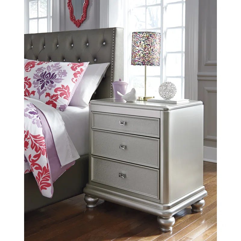 Elegant Gray 3-Drawer Nightstand with Faux Shagreen & Crystal Accents