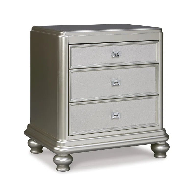 Elegant Gray 3-Drawer Nightstand with Faux Shagreen & Crystal Accents