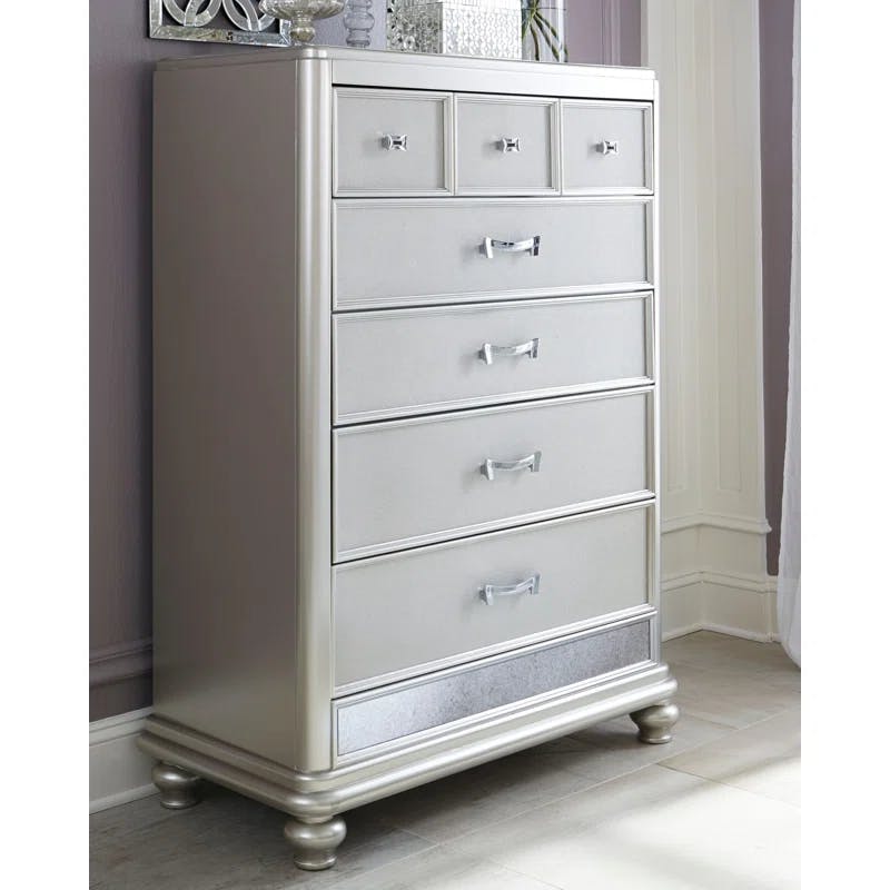 Glamorous Silver Mirrored 5-Drawer Chest with Felt-Lined Dovetail Drawers