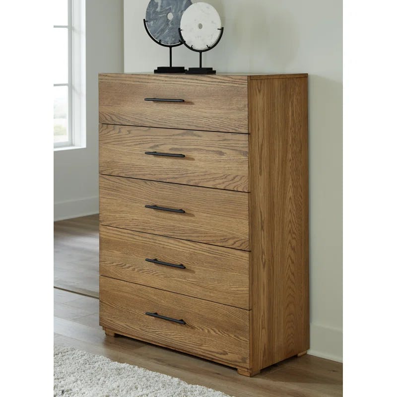 Dakmore Transitional 5-Drawer Solid Wood Chest in Brown