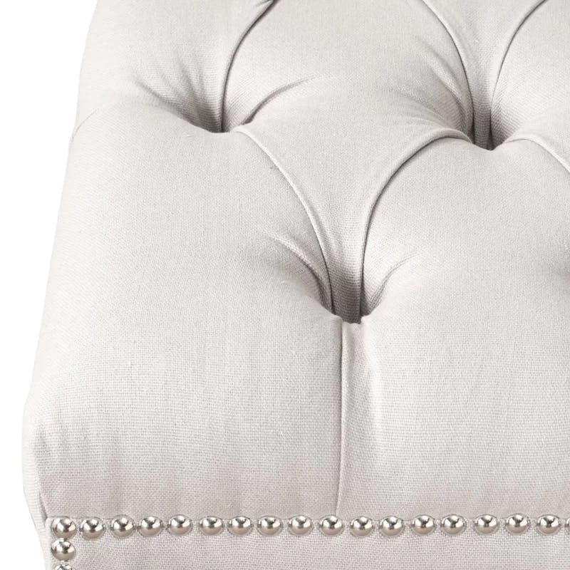 Elegant Taupe Linen Tufted Ottoman with Silver Nailhead Accents