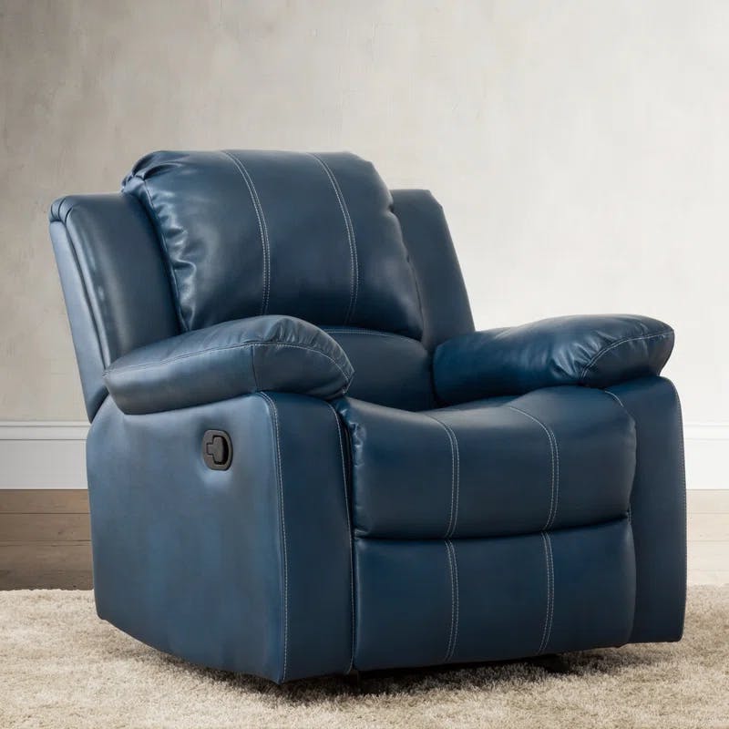Midnight Blue Transitional Faux Leather & Wood Recliner Chair