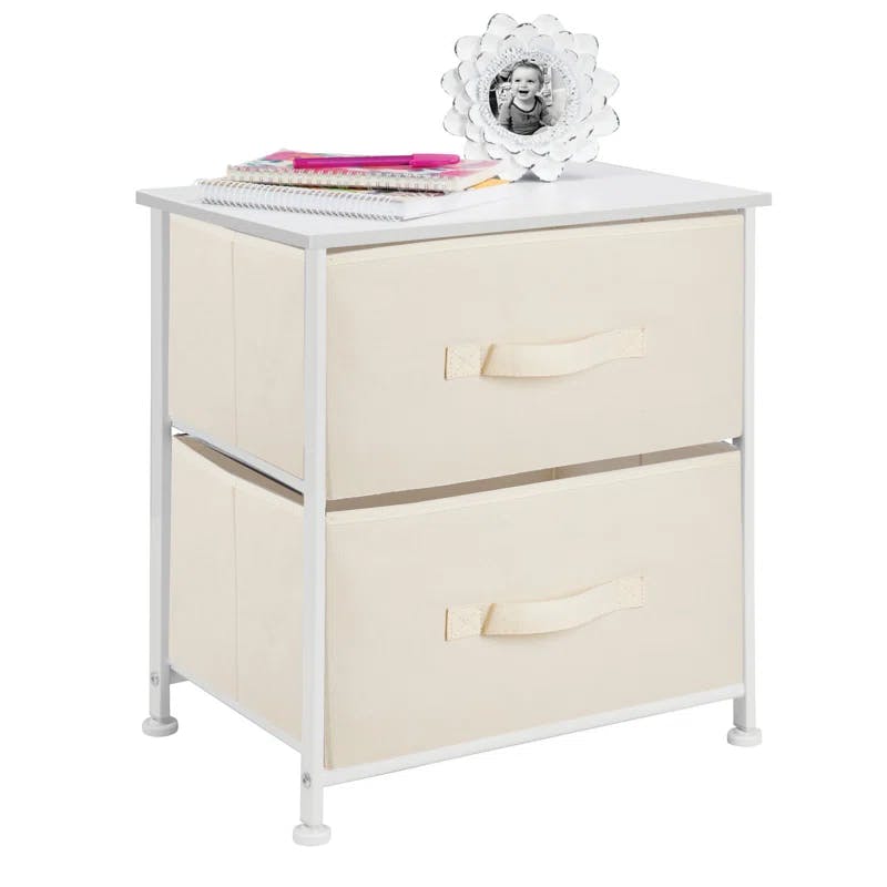 Cream/White 2-Drawer Compact Nightstand with Wood Top