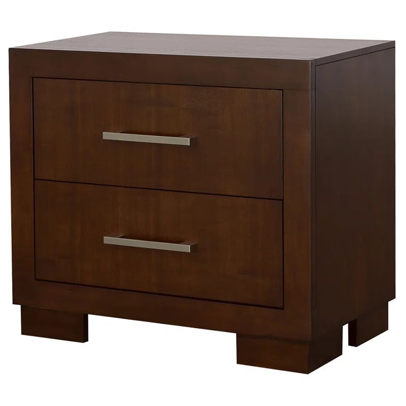 Transitional Cappuccino Brown 2-Drawer Nightstand with Silver Tone Bar Handles