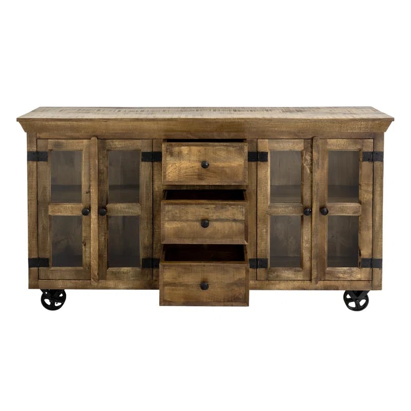 Rustic Charm 72'' Solid Mango Wood Sideboard with Cast Iron Wheels