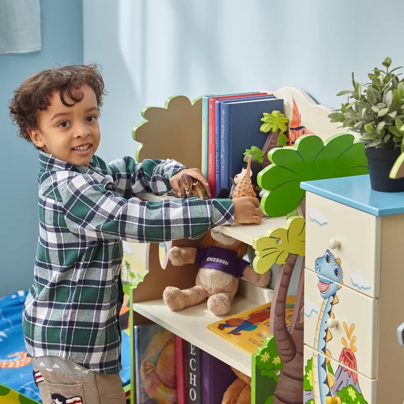 Dinosaur Kingdom Whimsical Kids' Wooden Bookshelf with Drawer