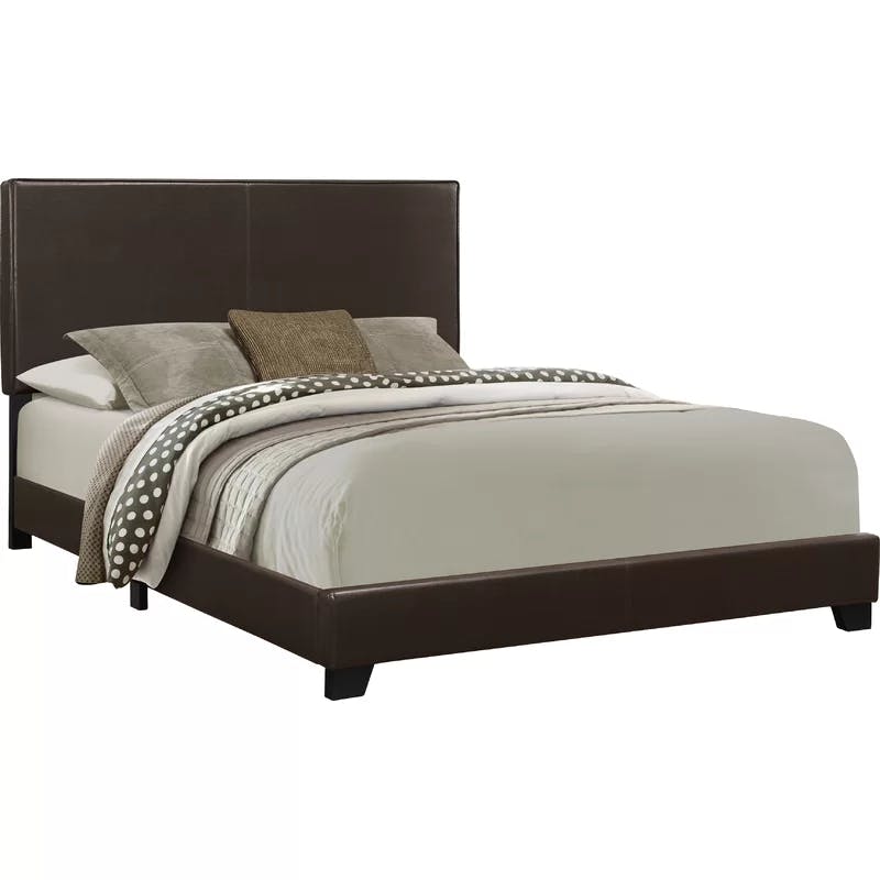 Transitional Queen Bed with Nailhead Trim in Dark Brown Leather